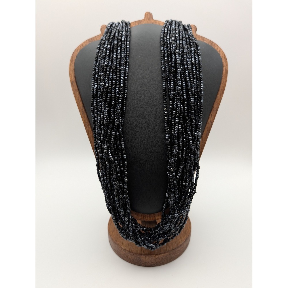 Vintage Premier Designs Signed Multi-Strand Seed Bead Necklace Gunmetal Black